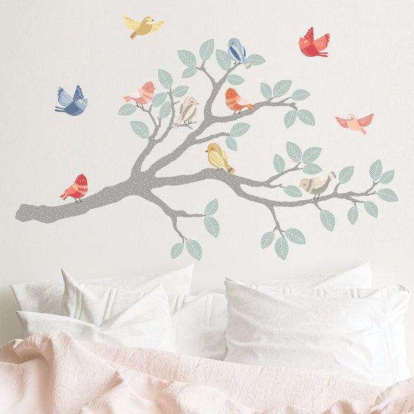 Tree Branch Wall Decal with Birds Nursery Wall Decor Bird Wall Stickers Peel and Stick Girls Wall Decals Repositionable