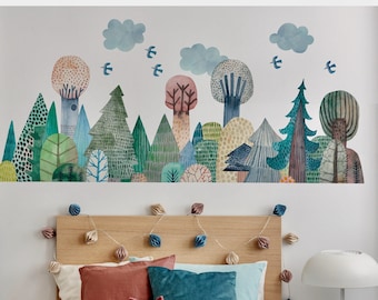 Watercolor Woodland Forest Wall Decals, Woodland Scene Mural, Tree Decals, Eco Friendly and Repositionable
