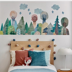 Watercolor Woodland Forest Wall Decals, Woodland Scene Mural, Tree Decals, Eco Friendly and Repositionable