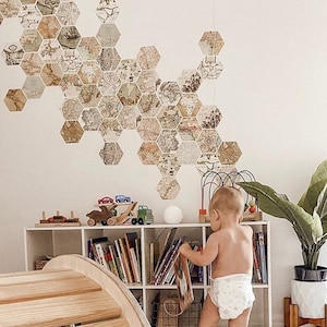 May include: A white bookshelf with a variety of books, toys, and a potted plant. The wall behind the bookshelf is decorated with hexagonal wall decals featuring vintage maps.