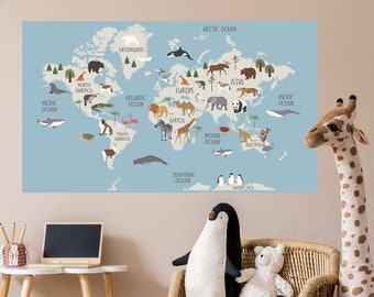 Animals World Map Wall Decal, Kids World Map Mural, World Map with Animals Wall Decals