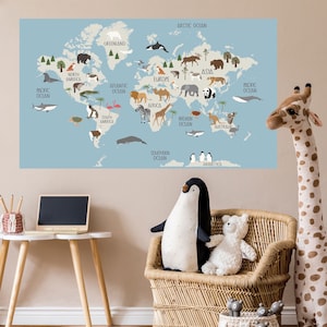 Animals World Map Wall Decal, Kids World Map Mural, World Map with Animals Wall Decals