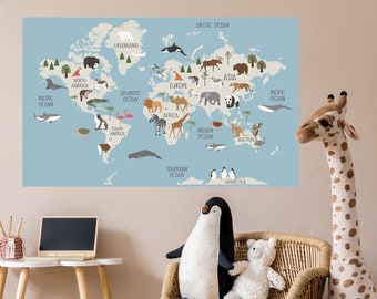 May include: A light blue world map with animal illustrations for each continent. The map is on a wall in a child's room with a wicker chair, a stuffed penguin, a stuffed bear, and a stuffed giraffe.