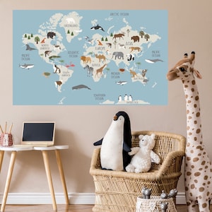 Carte du monde Décalcomanie murale, Peel and Stick Kids Carte du monde Murale, Carte du monde pour enfants avec animaux Col 1