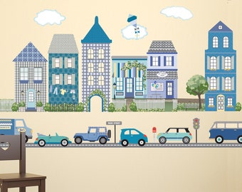 Large Town Wall Stickers and Adventure Car Wall Decals with 2 sheets Straight Gray Road, Removable & Reusable  Decals