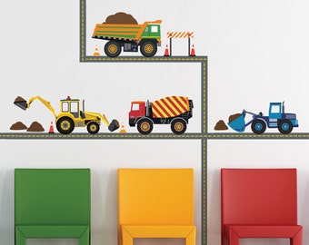 Multicolor Construction Wall Decals Four Construction Vehicles with Straight Road Decals, Eco-Friendly Fabric Wall Stickers Removable