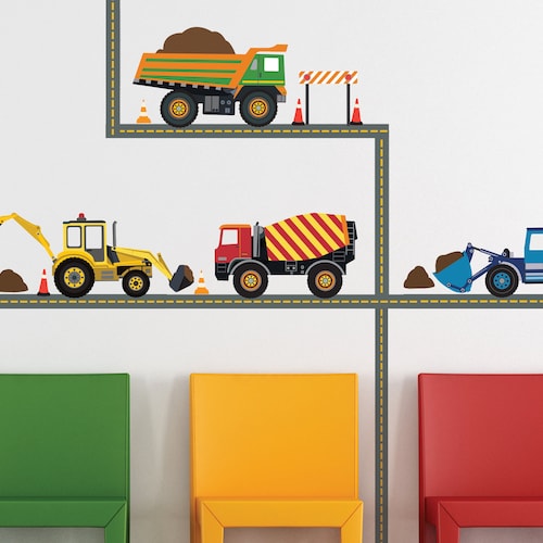 Multicolor Construction Wall Decals Four Construction Vehicles Etsy
