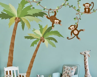Large Monkey Wall Decals on Vines Palm Tree Wall Decals  Nursery Wall Decals, Peel and Stick Eco Friendly Wall Stickers