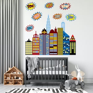 Superhero City Wall Decal with Comic Sounds Fabric Eco-friendly Repositionable Superhero Decals