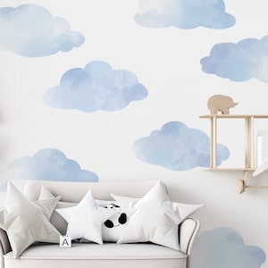Large Blue Clouds Wall Decals, Watercolor Cloud Wall Stickers, Fabric Wall Decals, Peel and Stick Repositionable Wall Stickers
