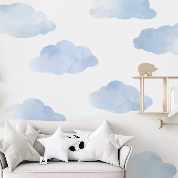 Large Blue Clouds Wall Decals, Watercolor Cloud Wall Stickers, Fabric Wall Decals, Peel and Stick Repositionable Wall Stickers