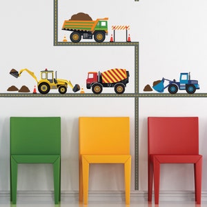 Multicolor Construction Wall Decals Four Construction Vehicles with Straight Road Decals, Eco-Friendly Fabric Wall Stickers Removable