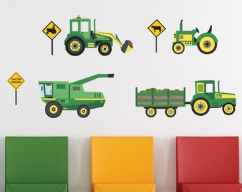 Green Tractors and Farm Vehicle Wall Decals, Tractor Wall Stickers Eco-Friendly Wall Stickers