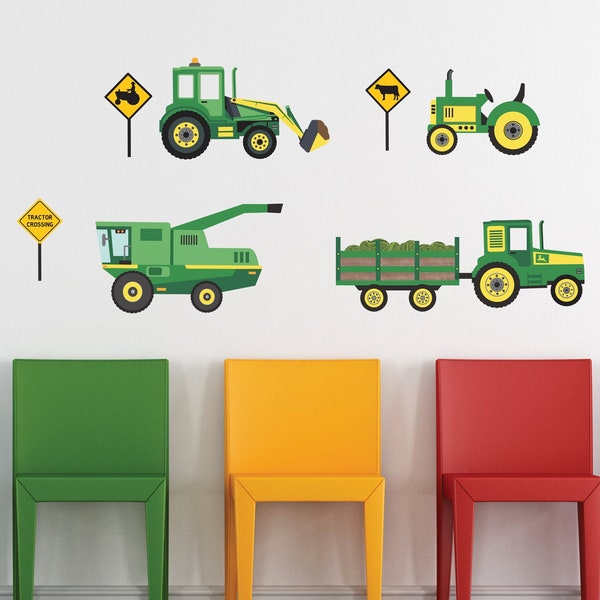 Green Tractors and Farm Vehicle Wall Decals, Tractor Wall Stickers Eco-Friendly Wall Stickers