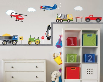 Wall Decals Trucks, Tractor and EMS Vehicles, Airplane and Helicopter Wall Decals w/Straight Road, Primary Colors, Eco Friendly