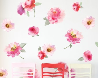 Pink Watercolor Flower Wall Decals, Girls Wall Decals, Eco Friendly Repositionable Floral Wall Stickers