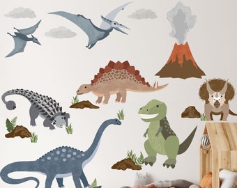 Large Dinosaur Wall Decals, Nursery Wall Stickers, Volcano Wall Decal, Tyrannosaurus Rex Wall Sticker, Dinosaur Mural, Reusable Decals
