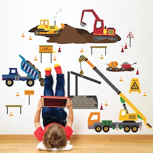 Multicolor Construction Site Trucks & Construction Vehicle Wall Decals, Removable and Reusable Fabric Eco-friendly Wall Stickers