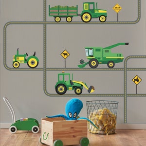 Green Tractors and Farm Truck Vehicles plus Straight and Curved Gray Road Tractor Wall Stickers Eco-friendly Wall Stickers