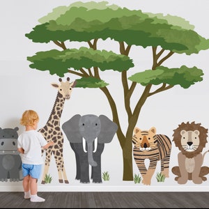 Large Safari Animal Wall Decals with Acacia Tree, Nursery Wall Decals, Jungle Wall Stickers, African Animal Wall Decals