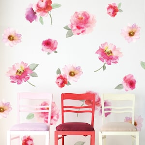 Pink Watercolor Flower Wall Decals, Girls Wall Decals, Eco Friendly Repositionable Floral Wall Stickers
