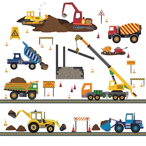 Multicolor Construction Site Decals plus 4 Construction Truck Wall Decals w/15 ft Gray Straight Road Wall Decals Peel and Stick