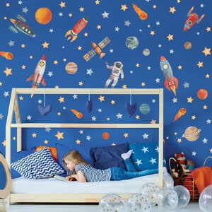 Spaceship Wall Decals, Outer Space Decals, Star and Planet Wall Decals, Rockets Wall Stickers, Eco-Friendly Wall Decals