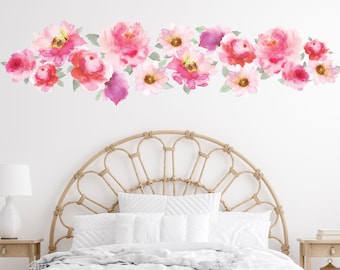 Pink Watercolor Flower Wall Decals, Girls Wall Decals, Eco Friendly Repositionable Floral Wall Stickers