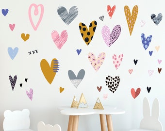 Modern Hearts Decals, Fun Graffiti Hearts Wall Decals, Heart and Kisses Fabric Wall Decals