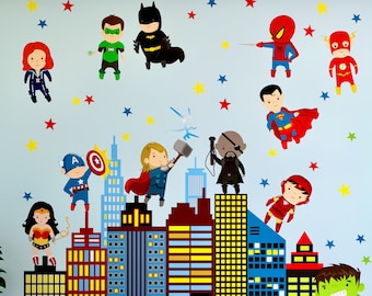 Superheroes and Superhero City Wall Decal Superhero Decals Fabric Eco-friendly Repositionable Superhero Decals