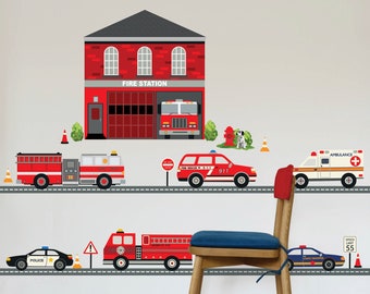 Large Fire Station Wall Decal, Fire Engine Wall Sticker, 6 Emergency Vehicles plus 15 Ft of Straight Road, Eco Friendly Wall Decal Stickers