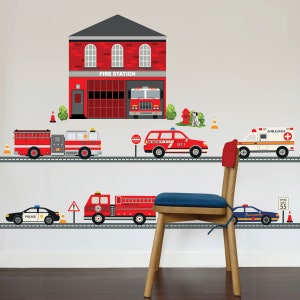 Large Fire Station Wall Decal, Fire Engine Wall Sticker, 6 Emergency Vehicles plus 15 Ft of Straight Road, Eco Friendly Wall Decal Stickers