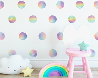 Watercolor Rainbow Dots 4" Polka Dot Decals, 36 Fabric Wall Decals Eco-Friendly Peel and Stick Fabric Decals