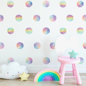 Watercolor Rainbow Dots 4" Polka Dot Decals, 36 Fabric Wall Decals Eco-Friendly Peel and Stick Fabric Decals