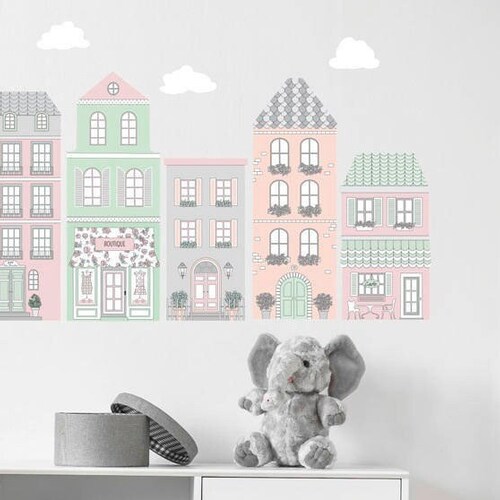 European Style Town Wall Decals Pink and Gray Decals Fabric Etsy