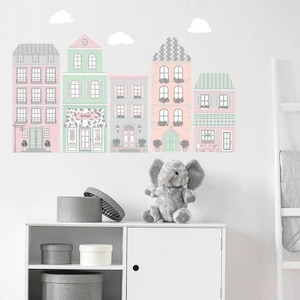 European Style Town Wall Decals, Pink and Gray Decals, Fabric Decals, Peel and Stick Wall Stickers, Eco Friendly, Matte, Town Wall Decals image 1