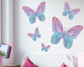 Wall Decals Five Watercolor Butterfly Decals, Peel and Stick Butterfly Decal Removable and Reusable Eco-friendly Butterfly Wall Decal