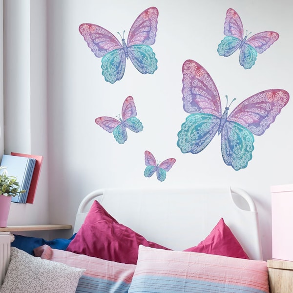 Wall Decals Five Watercolor Butterfly Decals, Peel and Stick Butterfly Decal Removable and Reusable Eco-friendly Butterfly Wall Decal