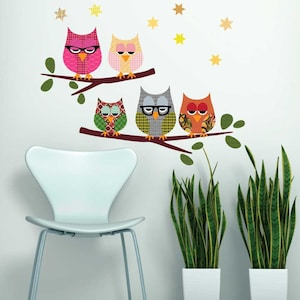 Owls on Branch Fabric Decals Repositionable Cute Owl Wall Stickers