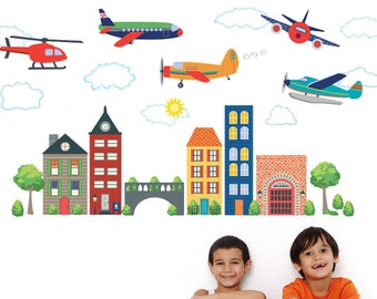 Airplanes and Helicopters Wall Decals with Transportation Town, Reusable Peel and Stick Eco-Friendly Matte Fabric Wall Stickers