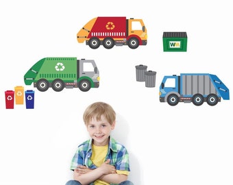 Wall Decals Garbage Trucks & Recycling Trucks, Matte Fabric Peel and Stick Removable Reusable Eco-friendly Wall Decal Stickers