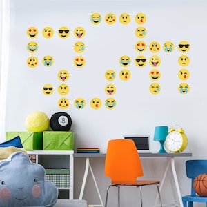 36 Emoji Wall Decals, Matte Fabric Eco-friendly Peel and Stick Emoji Stickers like smiley face frowny face iphone emoji