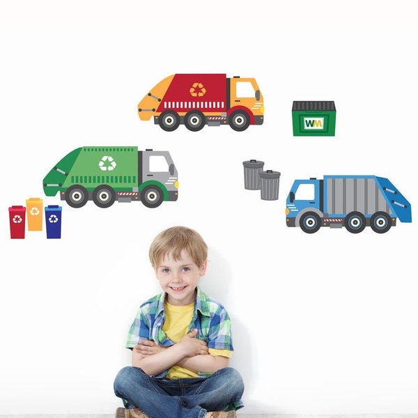 Wall Decals Garbage Trucks & Recycling Trucks, Matte Fabric Peel and Stick Removable Reusable Eco-friendly Wall Decal Stickers