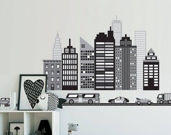 City Wall Decal, Skyscraper Decals, Black and White City Skyline Wall Stickers with Cars and Straight Black Road Decals