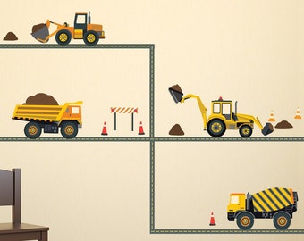 Construction Wall Decals 4 Construction Vehicle Wall Stickers w/Straight Road Decals, Eco-Friendly Fabric Wall Decals Removable & Reusable