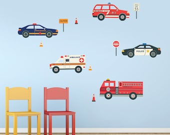 Wall Decals Emergency EMS Vehicles, Removable and Reusable Police Car, Fire Truck, Ambulance, EMS Fabric Wall Decal Stickers