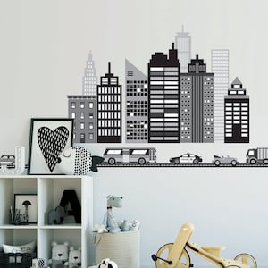 City Wall Decal, Skyscraper Decals, Black and White City Skyline Wall Stickers with Cars and Straight Black Road Decals