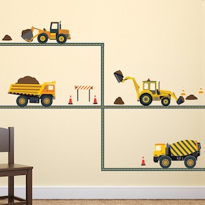 Construction Wall Decals 4 Construction Vehicle Wall Stickers w/Straight Road Decals, Eco-Friendly Fabric Wall Decals Removable & Reusable