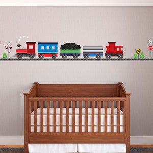 Freight Train Wall Decal with Straight Railroad Track (facing left), Eco Friendly Matte Train Wall Stickers Col. 1