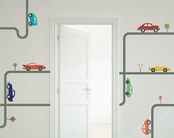 Wall Decals Cars with Straight and Curved Gray Road Reusable Fabric Wall Stickers